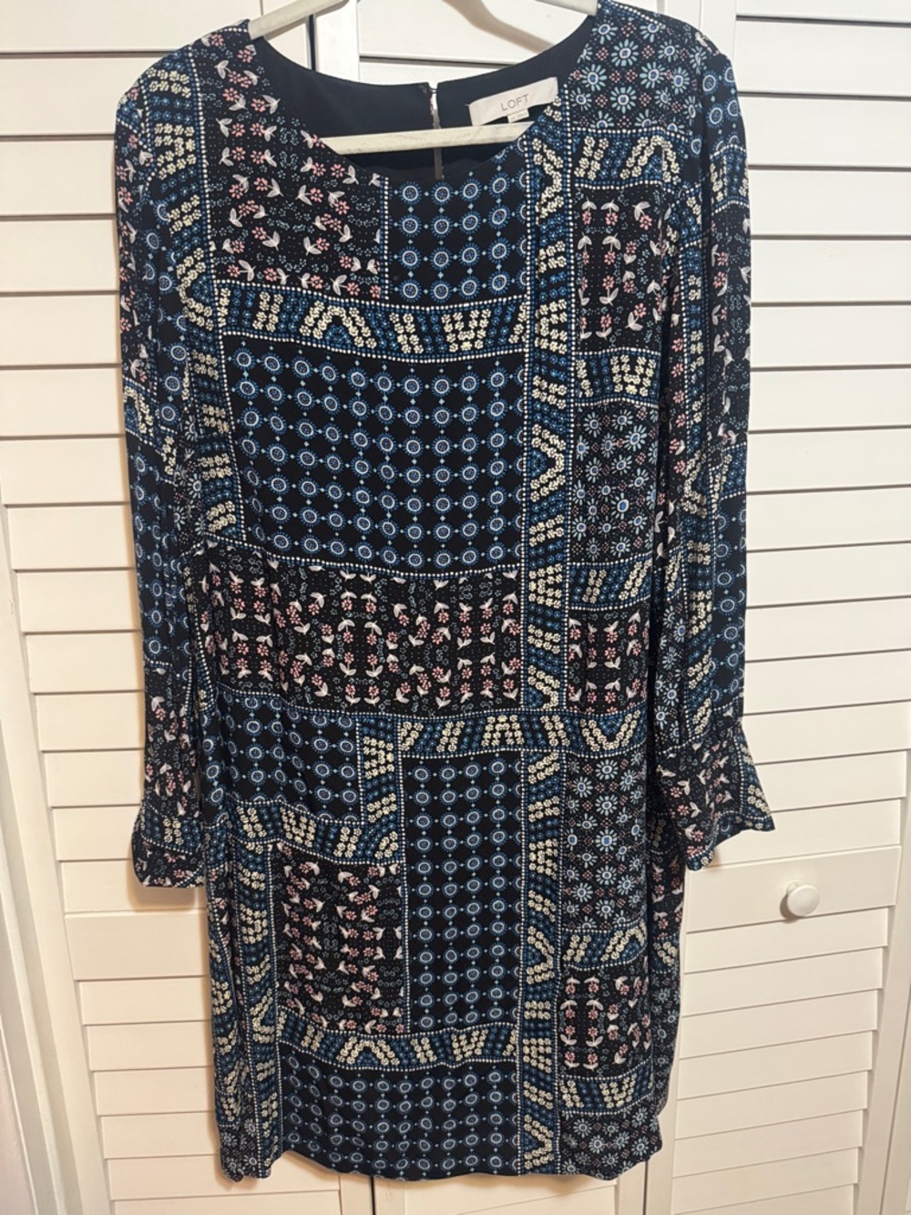 LOFT Navy Multi-Print Long Sleeve Shift Dress